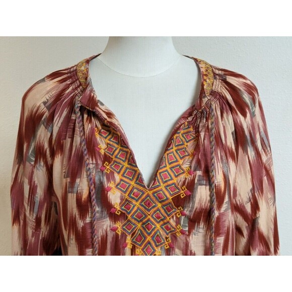 Women's SUNDANCE Viscose Boho Embroidered V-Neck Puff Sleeve Top/Blouse M - Picture 2 of 10